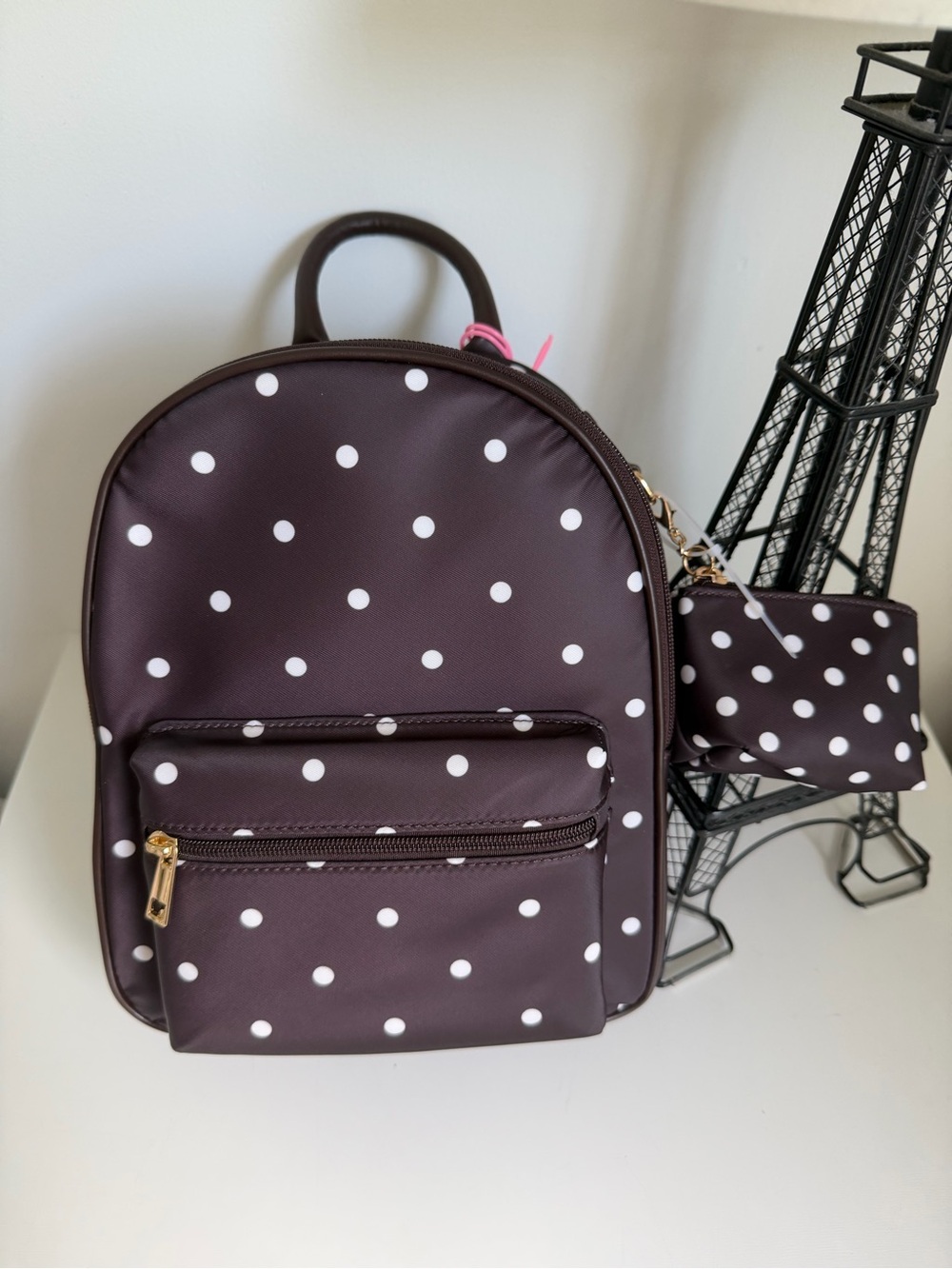 Polka Dot Backpack in Dark Brown with White Dots